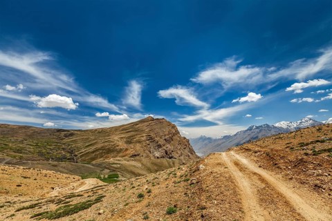 Dirt road in Himalayas. Spiti Valley, Himachal Pradesh, India, Asia