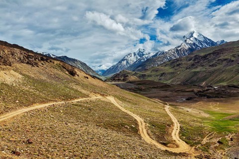 Dirt road in Himalayas. Spiti Valley, Himachal Pradesh, India, Asia