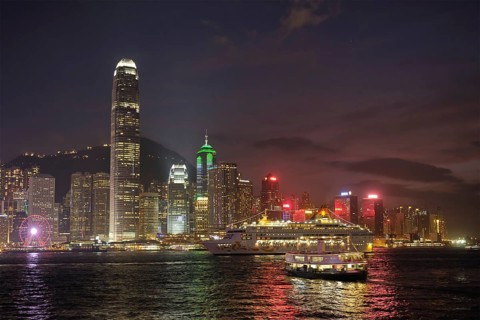 HONG KONG, CHINA, MAY 1, 2018: Hong Kong skyline cityscape downtown skyscrapers over Victoria
