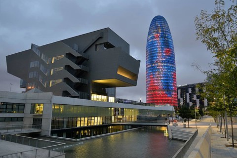 Torre Agbar, architect Jean Nouvel, at dusk, Avinguda Diagonal, Barcelona, ??Catalonia, Spain,