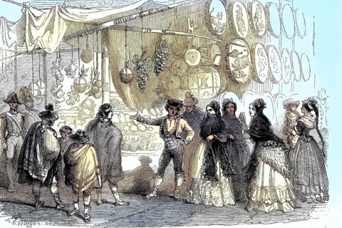Fruit merchants and nougat traders at Christmas 1880 on the Plaza Mayor in Madrid, Spain, Historic,