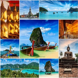 Thai travel tourism concept design, collage of Thailand images