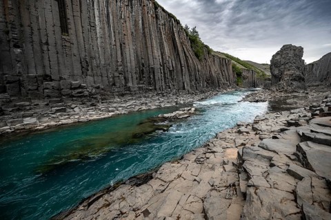 Stuðlagil Canyon, turquoise river between basalt columns, Egilsstadir, Iceland, Europe