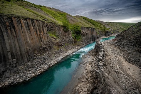 Stuðlagil Canyon, turquoise river between basalt columns, Egilsstadir, Iceland, Europe