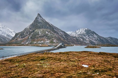 Fredvang Bridges in winter. Lofoten islands, Norway, Europe