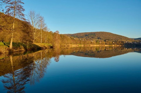 Lake at sunrise, Freudenberg am Main, Untermain, Spessart, Odenwald, Franconia, Baden-Württemberg,