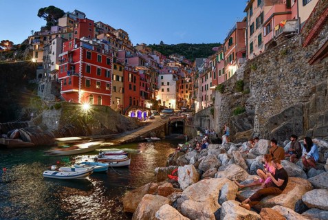 Fishing village of Riomaggiore, blue hour, Cinque Terre, province of La Spezia, Liguria, Italy,