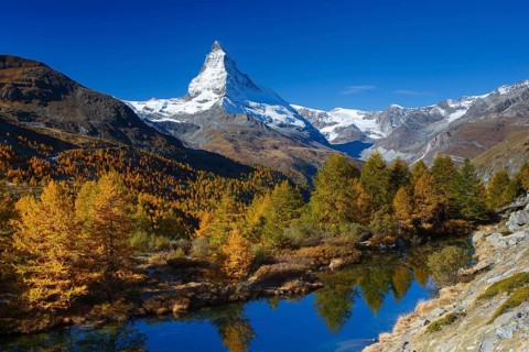 Matterhorn and Lake Grindji, Valais, Switzerland, Europe