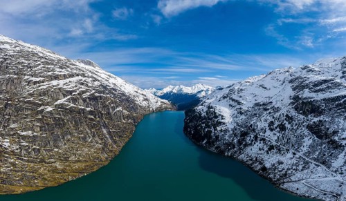 Aerial view over the Zervreila reservoir with a view into the Vals Valley, Vals Valley, Canton