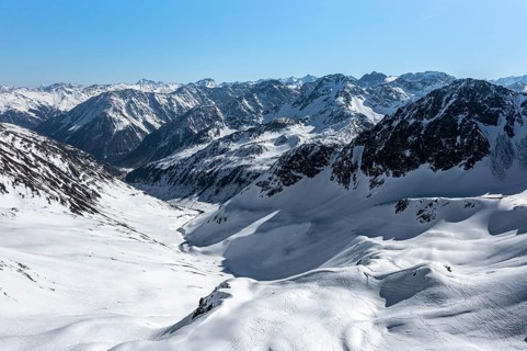 Aerial view, mountain valley with snow, mountains in winter, Sellraintal, Kühtai, Tyrol, Austria,