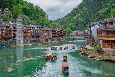 Chinese tourist attraction destination, Feng Huang Ancient Town (Phoenix Ancient Town) on Tuo Jiang