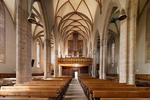 Nave and organ Church of St. Johannis, 15th century Gothic, Evangelical Lutheran parish church,
