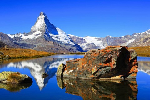 Matterhorn and mountain lake, Valais, Switzerland, Europe