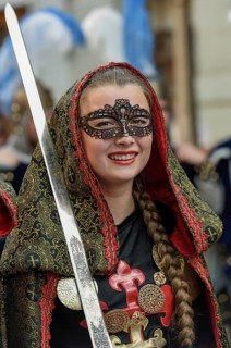 Woman in historic clothes, Moors and Christians Parade, Moros y Cristianos, Jijona or Xixona,