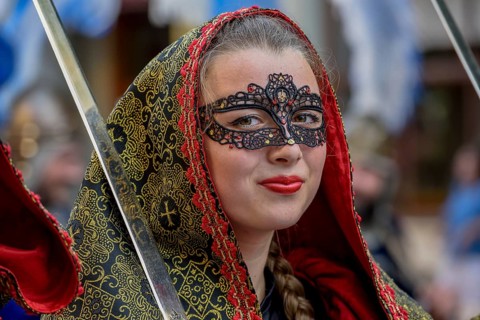 Woman in historic clothing, Moors and Christians Parade, Moros y Cristianos, Jijona or Xixona,