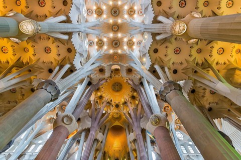 Interior view of the Familia Sagrada by the architect Antonio Gaudi in Barcelona, Spain, Europe