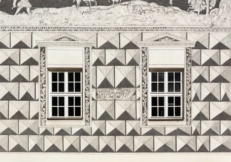 Detail of sgraffito decoration on facade of the Knights, U Rytiru, house, Mikulov, Czech Republic,