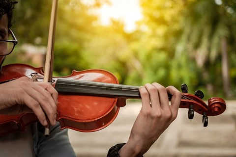 Close up of hands playing the violin outdoors. Violinist artist playing a melody outdoors, Portrait