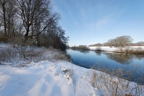 Dorsten, North Rhine-Westphalia, Germany - Sunny winter landscape in the Ruhr area, ice and snow on
