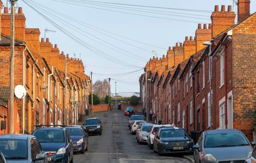 Victorian terraced housing with no front gardens, Bernard Street, inner city of Lincoln,