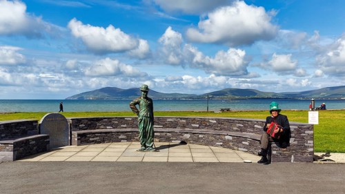 Memorial to Charlie Chaplin with bronze statue, coastline, Waterville, Ring of Skellig, Ring of
