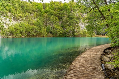 Path on wooden walkways in Plitvice Lakes National Park, Croatia, Europe