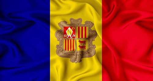Close up of flag of Andorra with cloth texture. Realistic Andorra flag waving