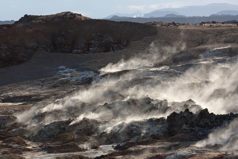 Steam evaporating of the ground at Gunnuhver, close to Reykjanes lighthouse. Gunnuhver is the heart