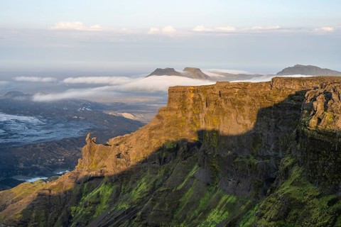 Cliff in the evening light, Impressive landscape with mountains and glaciers, Huldujökull and