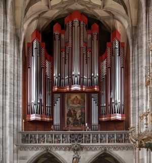 Organ loft with a Rieger organ, built in 1997, including the twelve apostles, late Gothic church of