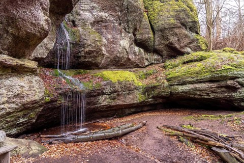 Ludwig's Grotto with waterfall in the Ludwigsklamm gorge in Eisenach, Thuringia, Germany, Europe