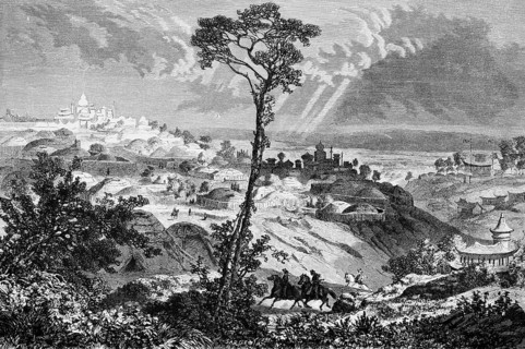 Mountainous landscape around Urga, today's Ulaanbaatar or Ulan Bator, city complex on a slope,