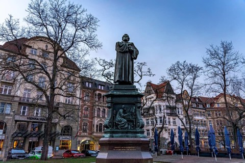 The Luther monument on Karlsplatz square in Eisenach, Thuringia, Germany, Europe