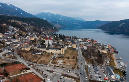 Drone shot, view of the town, Millstatt Abbey, Millstatt, Lake Millstatt, Carinthia, Austria,