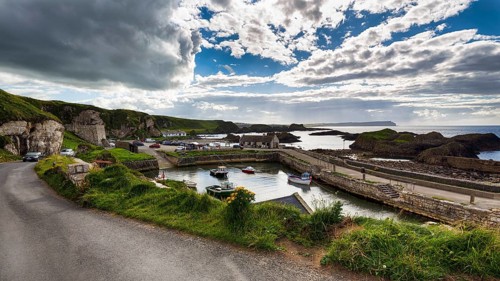 View of fishing harbour, Ballintoy Harbour, Causeway Coastal Route, Antrim, Northern Ireland, Great