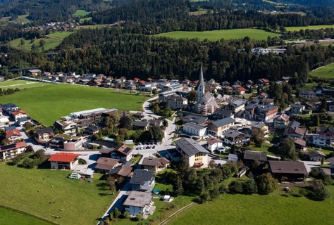 Drone image, settlement area, view of village with church, Pfarrwerfen, Salzachtal, Pongau,