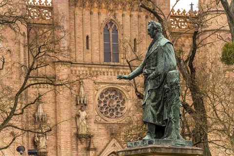 The statue of Grand Duke George of Mecklenburg-Strelitz in front of the castle church in
