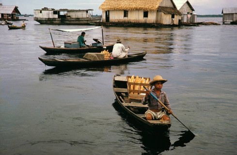Small boats selling bread in informal huts built on logs, known as the floating city, Manaus,