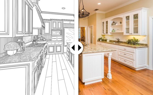 Before and after slider comparing pencil sketch drawing plans and completed custom kitchen
