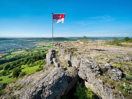 View from Staffelberg with Franconian flag, Bad Staffelstein, Upper Franconia, Franconian