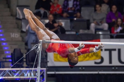 EnBW DTB-Pokal Stuttgart 2025, Mixed Cup***Gabrielle Black Canada warming up on uneven bars