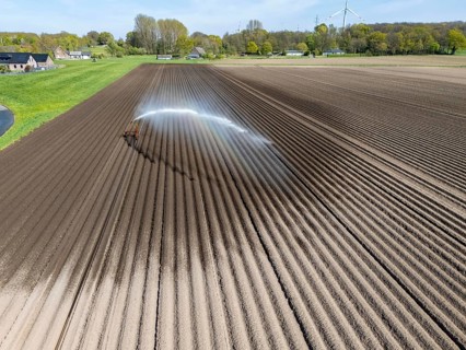 Artificial irrigation of a potato field in April, with a sprinkler system, long drought in spring
