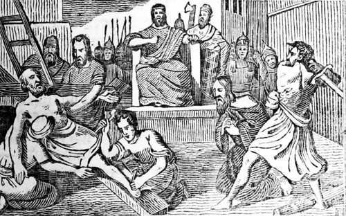 Paul is beheaded and Peter crucified under Emperor Nero in Rome, woodcut, historical illustration,