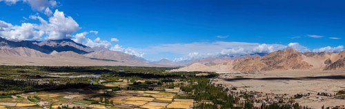Panorama of Indus valley in Himalayas from Thiksey gompa. Ladakh, India, Asia