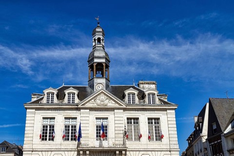 Town Hall with bell tower and the inscription Liberty, Equality, Fraternity, Republic Square, Upper