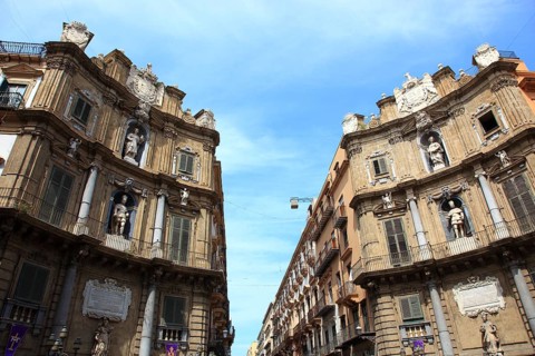 Old town of Palermo, at Piazza Quattro Canti, more precisely Quattro Canti di citta, baroque palace