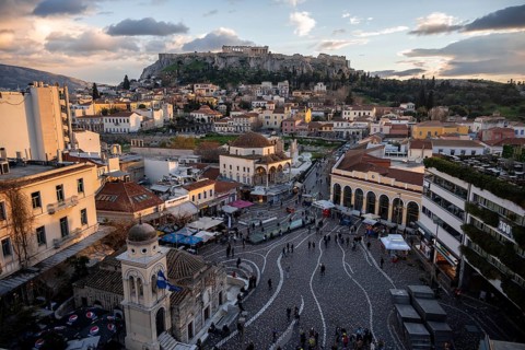 View over the old town of Athens, with Panagia Pantanassa Church, Tzisdarakis Mosque and Acropolis,