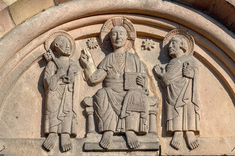 Tympanum on the west portal, Romanesque Minster Schwarzach, Rheinmünster, Baden-Württemberg,