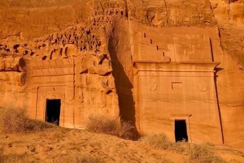 Nabataean tombs at Djabal Al-Ahmar in first daylight, Hegra or Madain Salih, AlUla region, Medina
