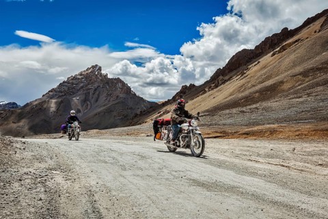 LADAKH, INDIA, SEPTEMBER 2, 2011: Bike tourists in Himalayas on famous high altitude Leh–Manali